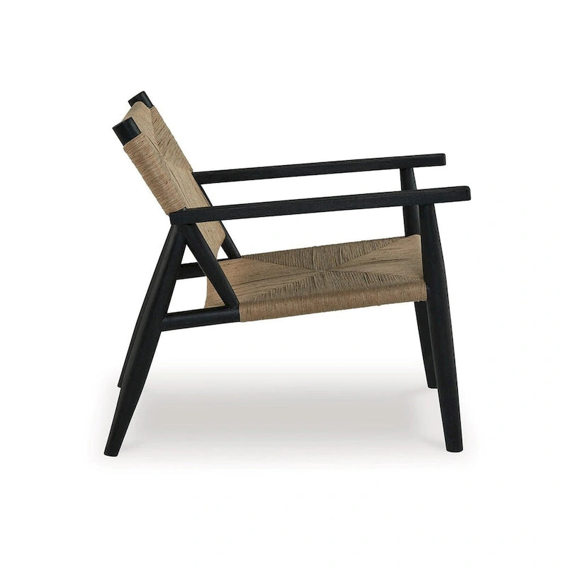 Fauteuil d'appoint, jute marron naturel, assise incurvée, structure en bois noir moderne