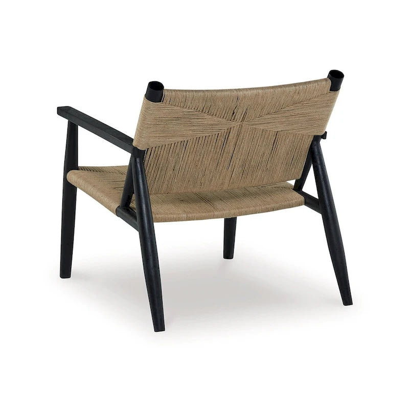 Fauteuil d'appoint, jute marron naturel, assise incurvée, structure en bois noir moderne