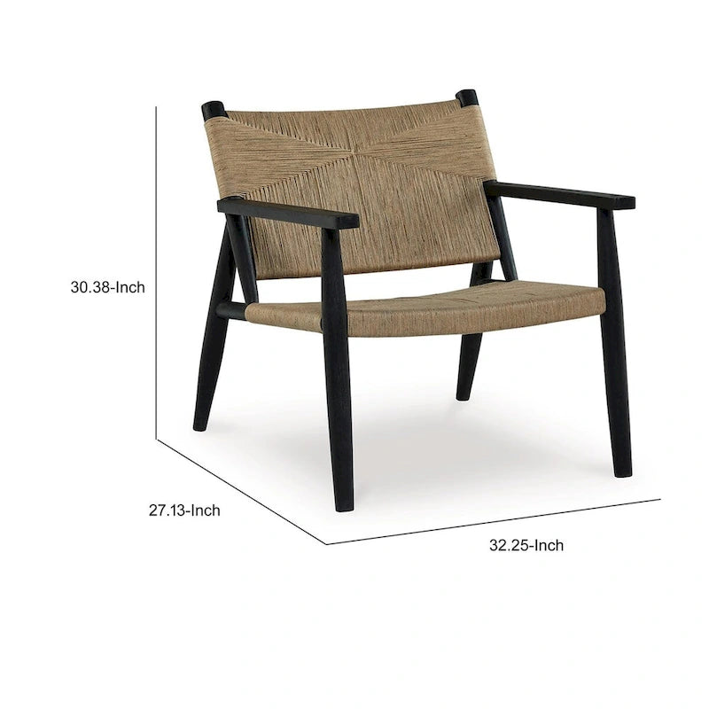 Fauteuil d'appoint, jute marron naturel, assise incurvée, structure en bois noir moderne
