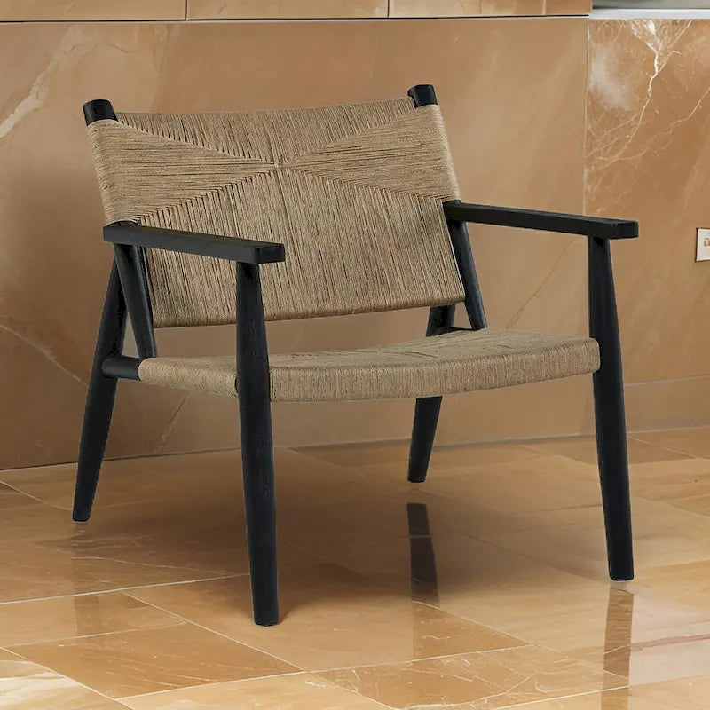 Fauteuil d'appoint, jute marron naturel, assise incurvée, structure en bois noir moderne