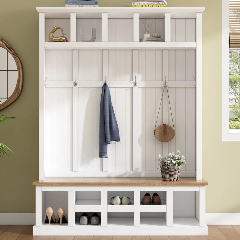 Arbre d'entrée moderne 78H avec banquette de rangement large, meuble à chaussures d'entrée avec 13 compartiments, élégant porte-manteau avec 6 crochets