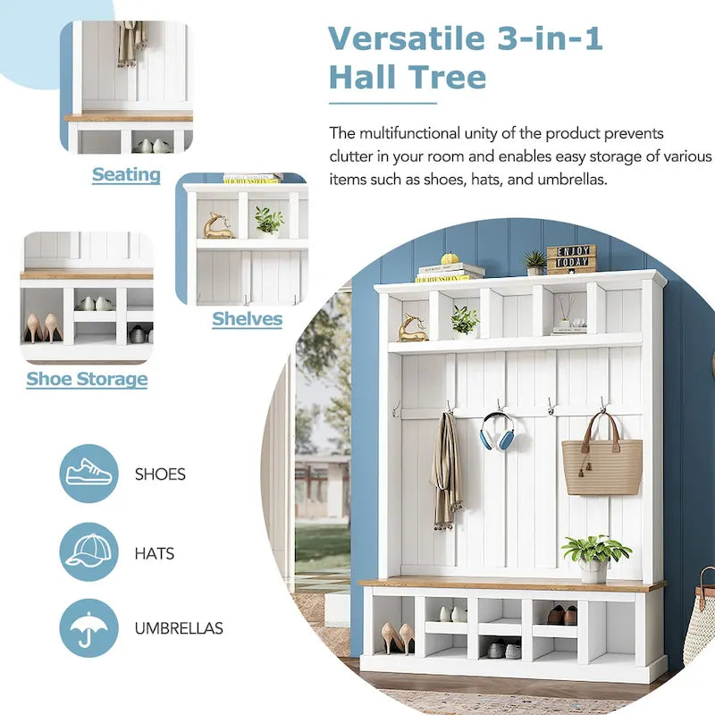 Arbre d'entrée moderne 78H avec banquette de rangement large, meuble à chaussures d'entrée avec 13 compartiments, élégant porte-manteau avec 6 crochets