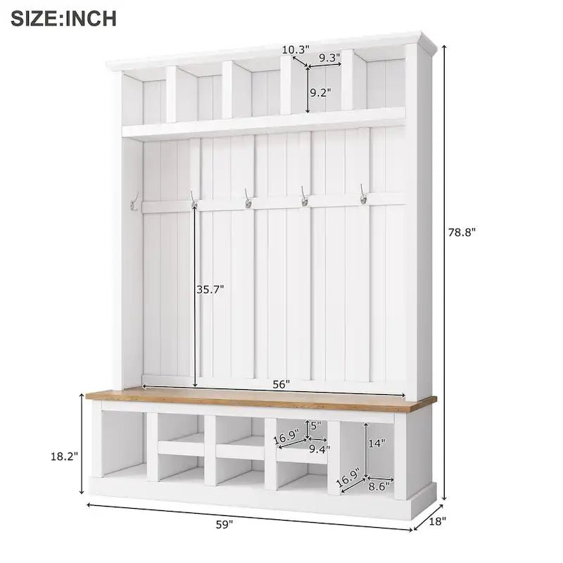Arbre d'entrée moderne 78H avec banquette de rangement large, meuble à chaussures d'entrée avec 13 compartiments, élégant porte-manteau avec 6 crochets