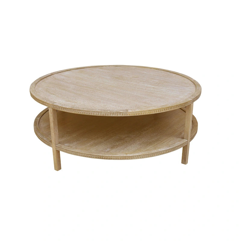 Table basse ronde en bois de manguier massif de 48 pouces avec étagère