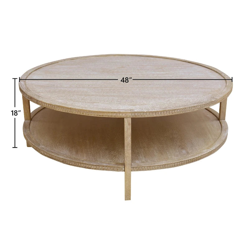 Table basse ronde en bois de manguier massif de 48 pouces avec étagère