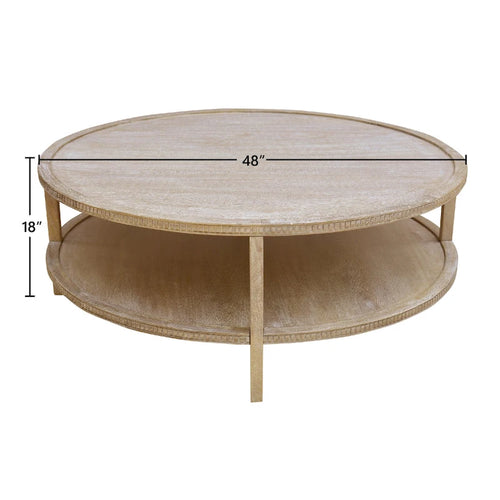 Table basse ronde en bois de manguier massif de 48 pouces avec étagère