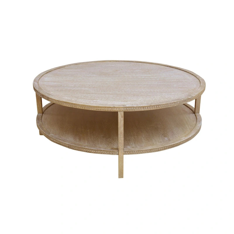 Table basse ronde en bois de manguier massif de 48 pouces avec étagère