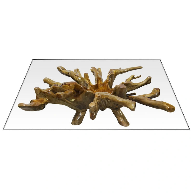 Table basse en racine de teck avec plateau en verre carré de 140 cm