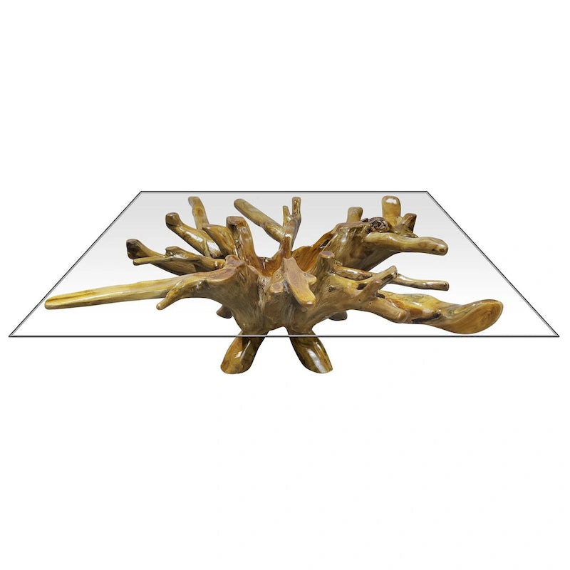 Table basse en racine de teck avec plateau en verre carré de 140 cm
