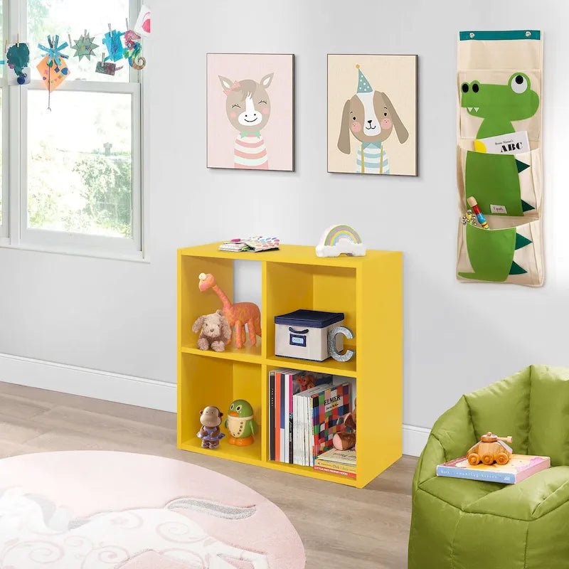 Étagère à livres pour enfants à 4 cubes, organisateur de rangement pour jouets pour enfants, jaune
