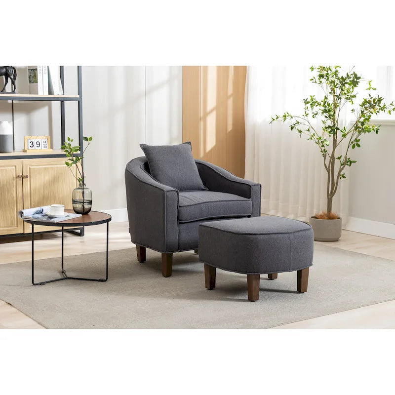 Mid-Century Upholstered Barrel Accent Round Arm Chair with Ottoman
