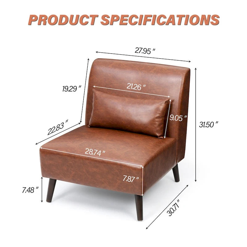 Fauteuil d'appoint rembourré en similicuir PU avec cadre en bois et oreiller – 73 W x 78 P x 80 H cm