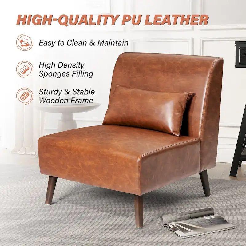 Fauteuil d'appoint rembourré en similicuir PU avec cadre en bois et oreiller – 73 W x 78 P x 80 H cm