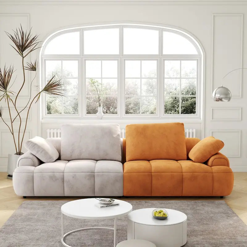 Canapé oversized moderne Ouyessir en velours et tissu suédine beige et jaune