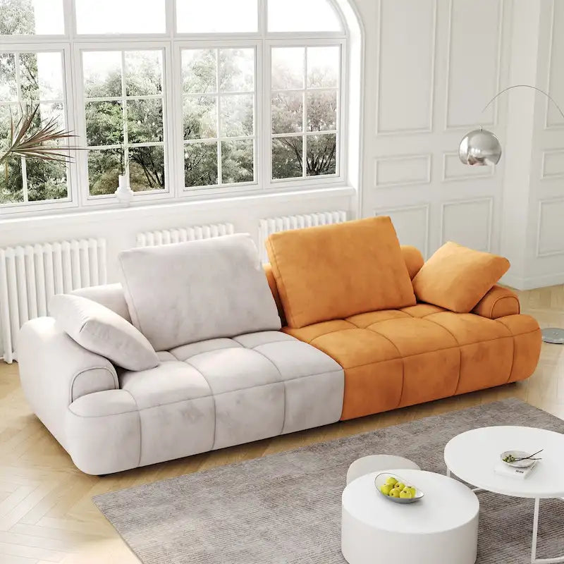 Canapé oversized moderne Ouyessir en velours et tissu suédine beige et jaune