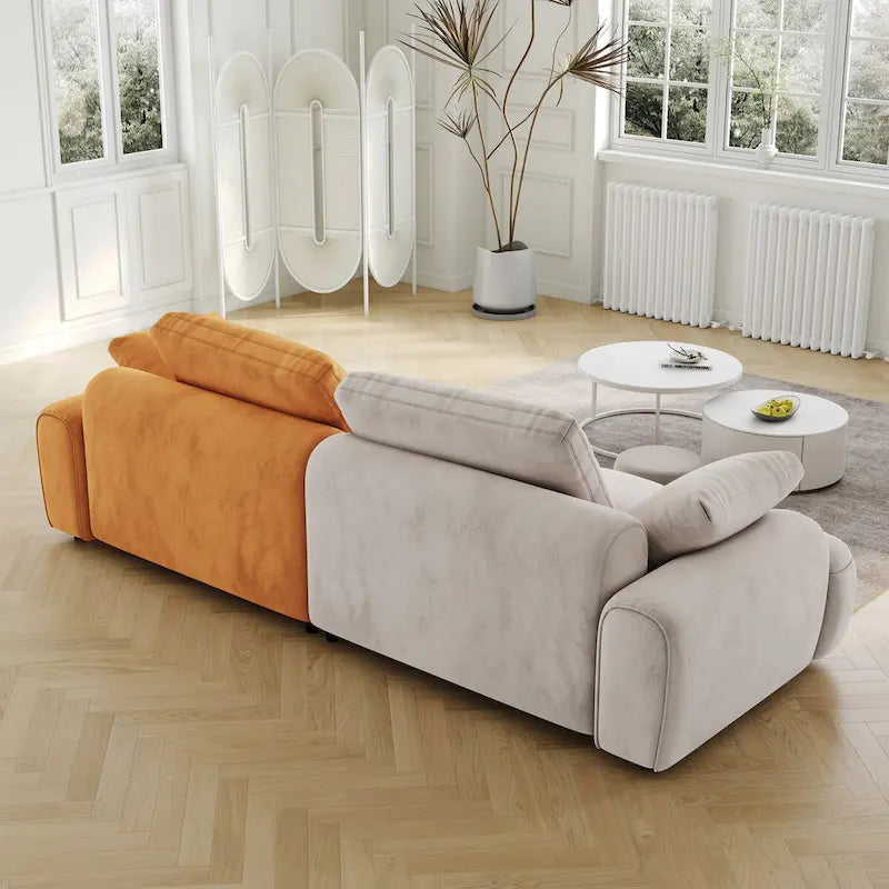 Canapé oversized moderne Ouyessir en velours et tissu suédine beige et jaune