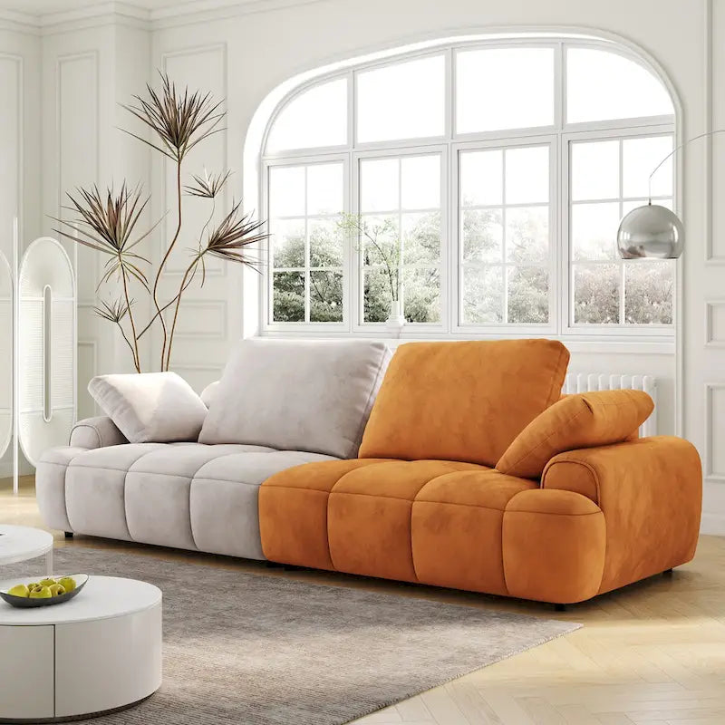 Canapé oversized moderne Ouyessir en velours et tissu suédine beige et jaune