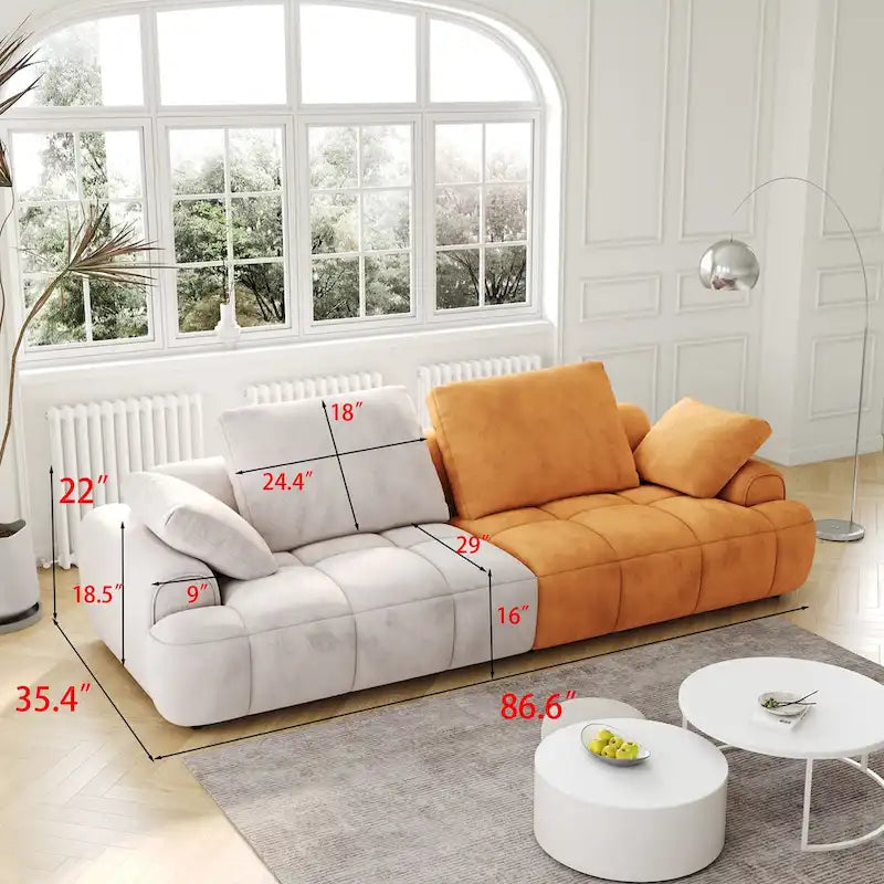 Canapé oversized moderne Ouyessir en velours et tissu suédine beige et jaune