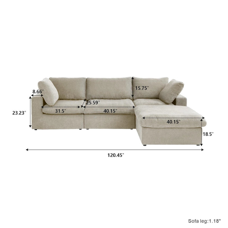 Canapé d'angle modulable 4 places en duvet Commix avec pouf de rangement