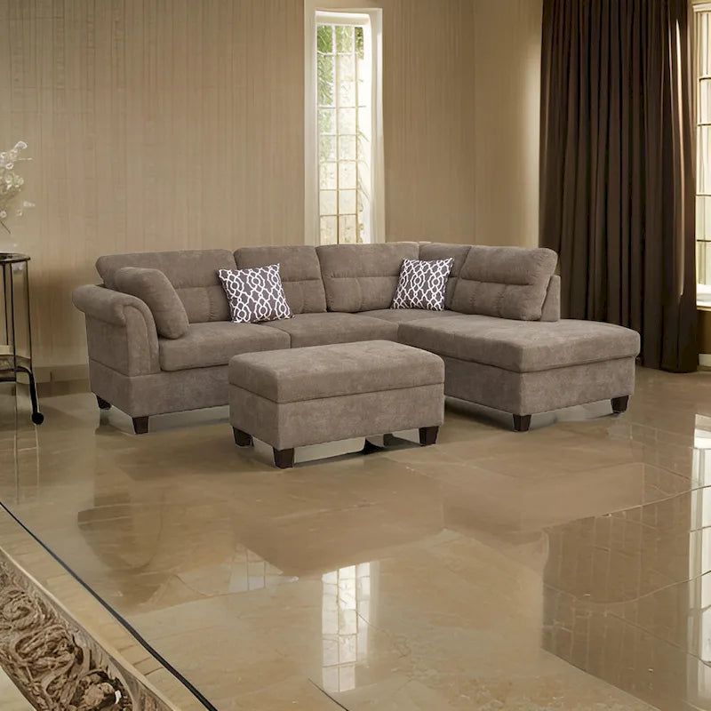 Ari 104 Inch Sectional Sofa with Chaise, Ottoman, 2 Accent Pillows, Brown