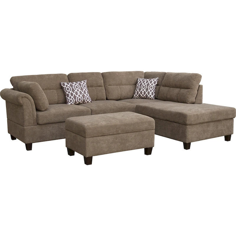 Canapé sectionnel Ari de 264 cm avec méridienne, pouf, 2 oreillers décoratifs, marron