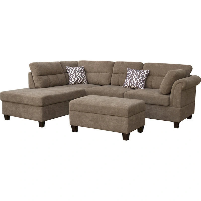 Canapé sectionnel Ari de 264 cm avec méridienne, pouf, 2 oreillers décoratifs, marron