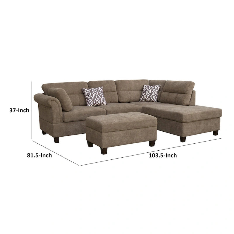 Canapé sectionnel Ari de 264 cm avec méridienne, pouf, 2 oreillers décoratifs, marron