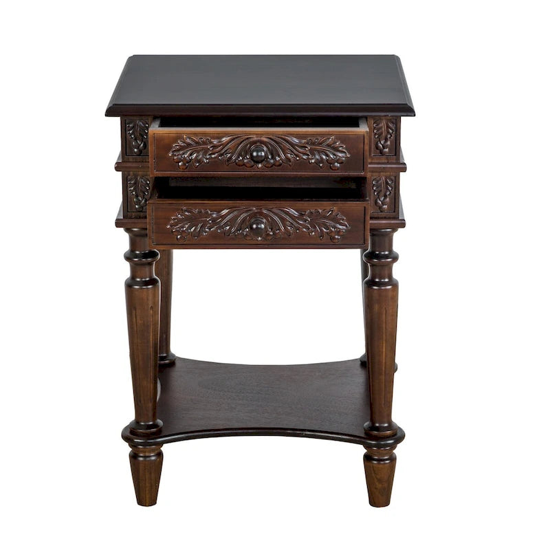 Table d'appoint à 2 tiroirs avec sculptures complexes et étagère inférieure ouverte, marron