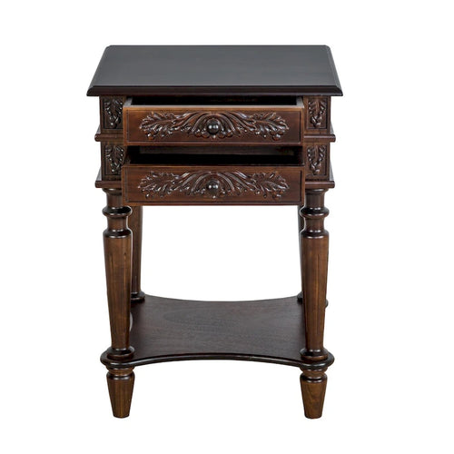 Table d'appoint à 2 tiroirs avec sculptures complexes et étagère inférieure ouverte, marron