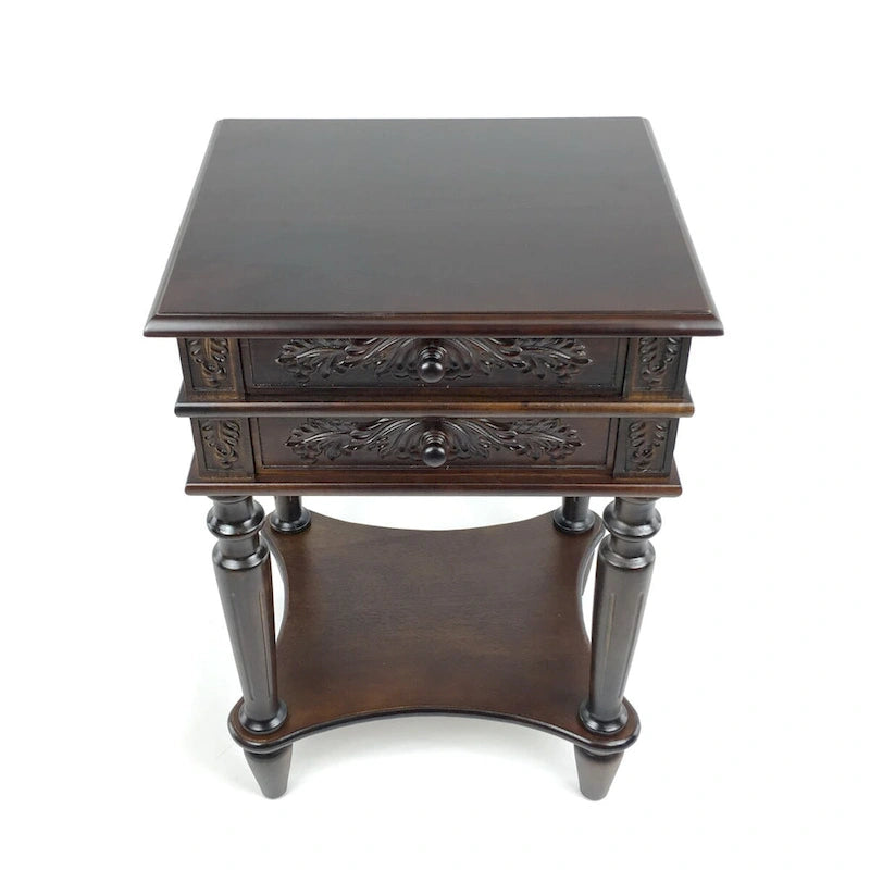 Table d'appoint à 2 tiroirs avec sculptures complexes et étagère inférieure ouverte, marron