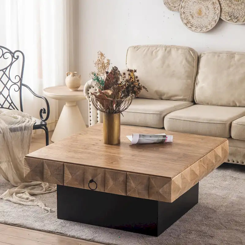 Table basse carrée rétro de 41,73 po avec 2 tiroirs
