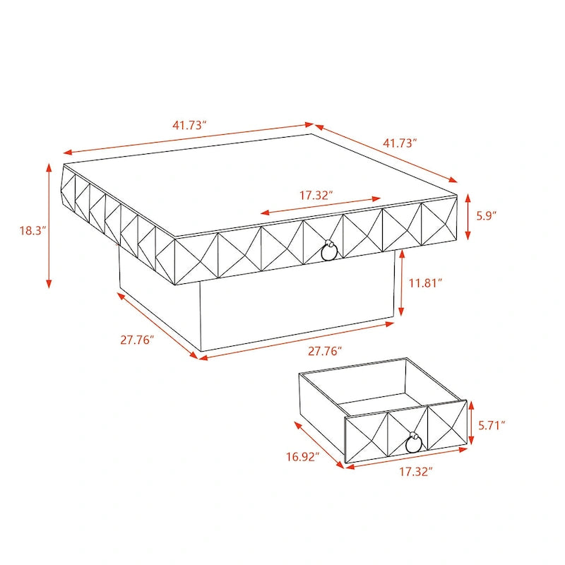 Table basse carrée rétro de 41,73 po avec 2 tiroirs