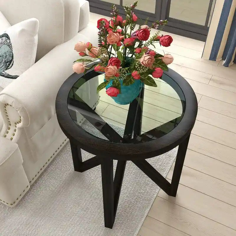 Table basse moderne simple en verre, table basse en verre trempé avec base en bois massif et plateau rond en verre transparent