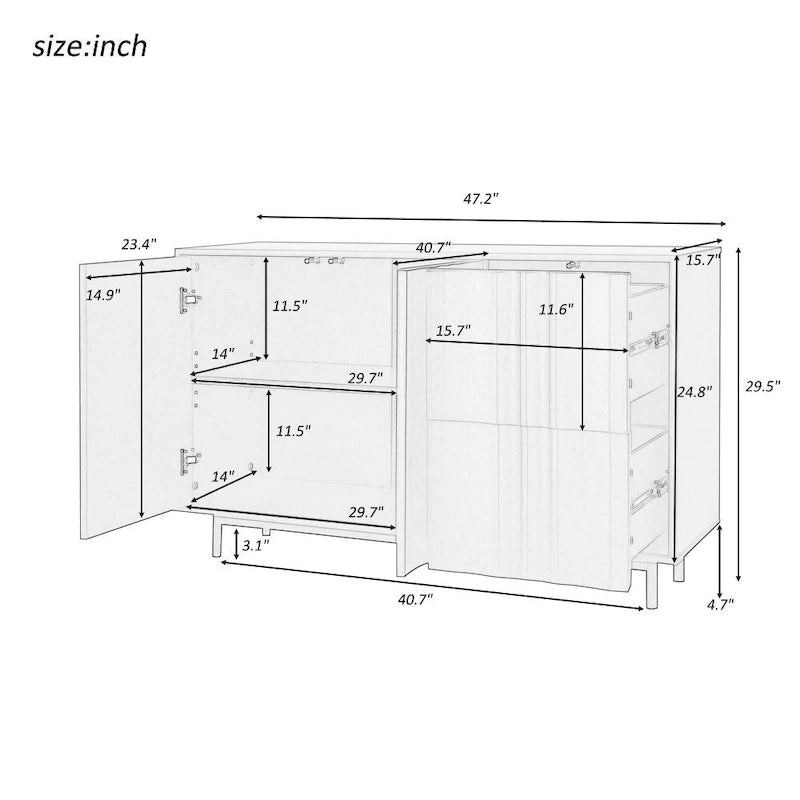 Meuble de Rangement Motif Vague avec 2 Portes et 2 Tiroirs, Réglable, Adapté pour Bureau, Entrée et Salon