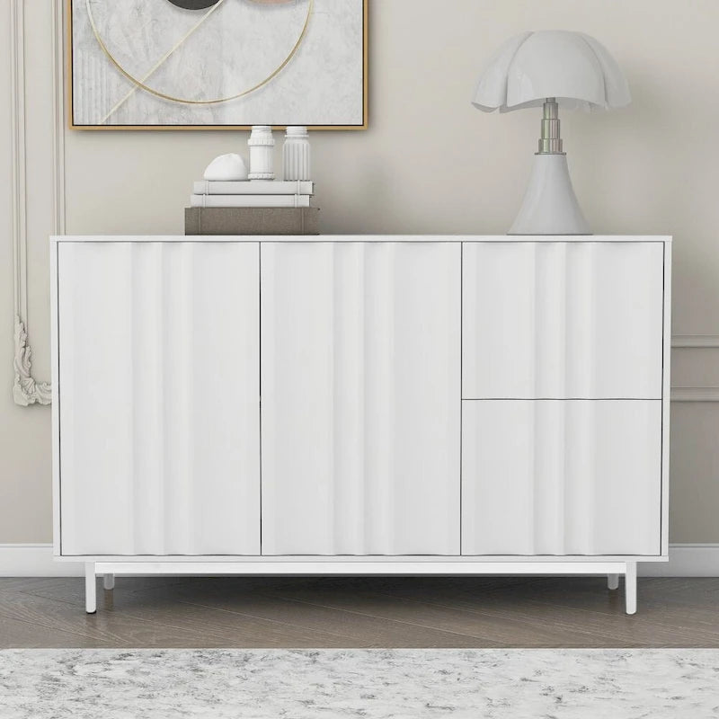 Meuble de Rangement Motif Vague avec 2 Portes et 2 Tiroirs, Réglable, Adapté pour Bureau, Entrée et Salon