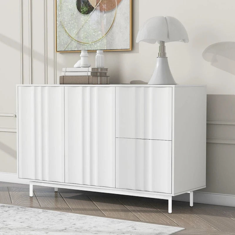 Meuble de Rangement Motif Vague avec 2 Portes et 2 Tiroirs, Réglable, Adapté pour Bureau, Entrée et Salon