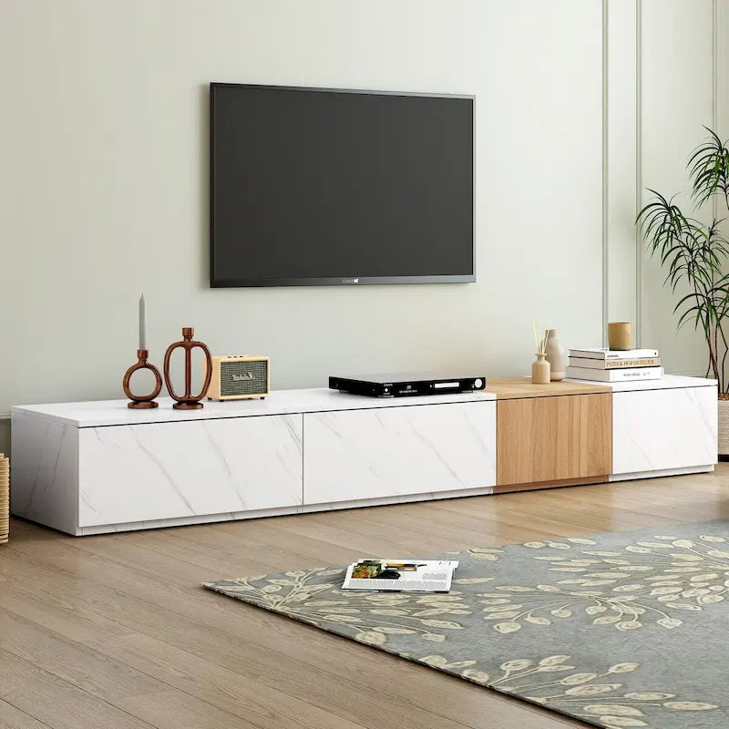 Meuble TV pour téléviseurs jusqu'à 88", Meuble TV modulable moderne avec 4 tiroirs de rangement