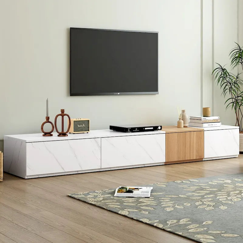 Meuble TV pour téléviseurs jusqu'à 88", Meuble TV modulable moderne avec 4 tiroirs de rangement