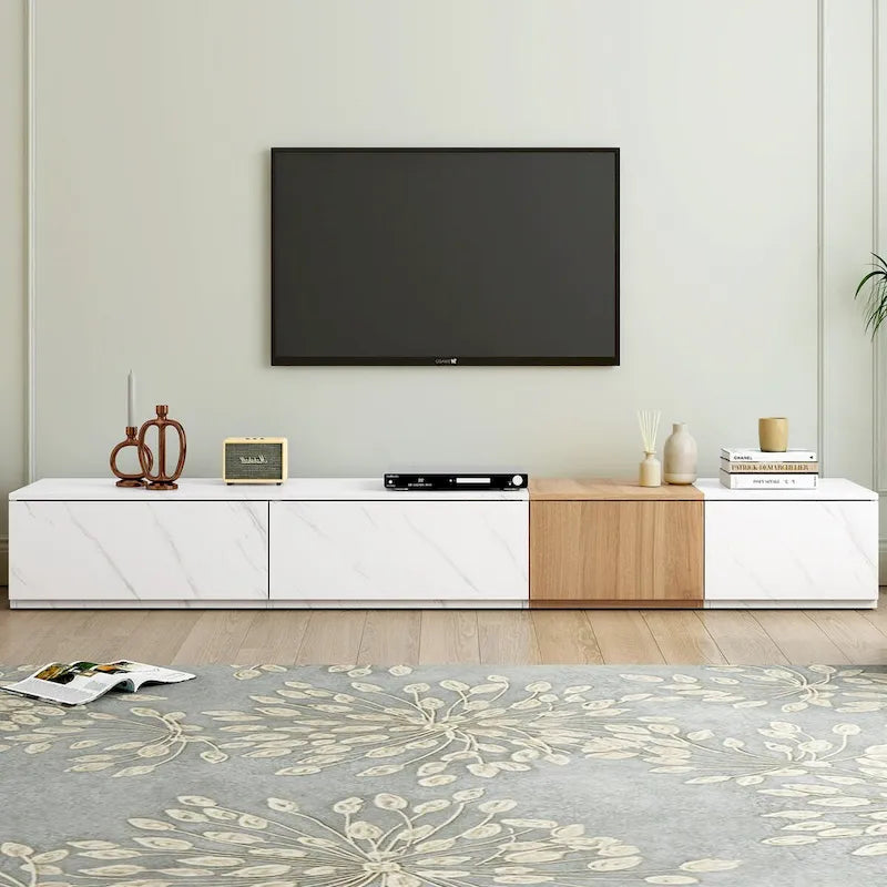Meuble TV pour téléviseurs jusqu'à 88", Meuble TV modulable moderne avec 4 tiroirs de rangement