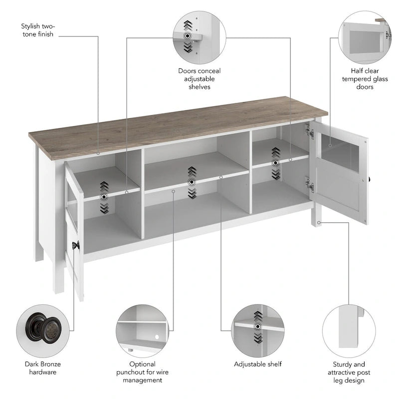 Meuble TV Bush Furniture Mayfield 60W avec portes et étagères.