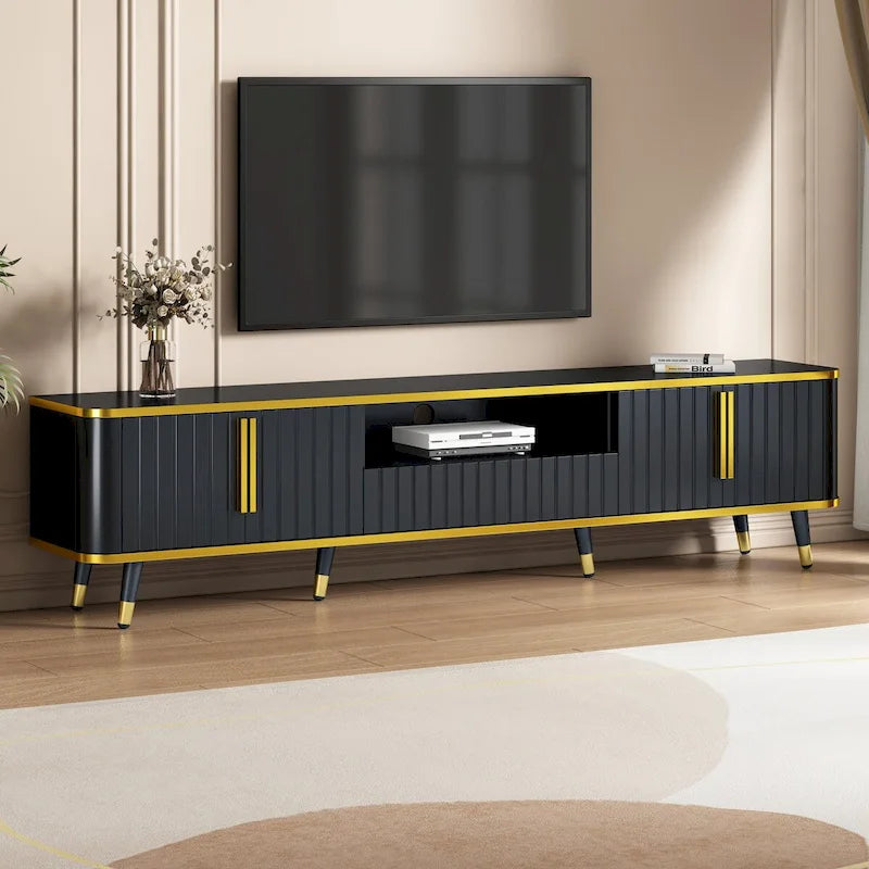 Meuble TV avec étagère de rangement ouverte pour téléviseurs jusqu'à 85 pouces, avec armoires et tiroirs, console média pratique avec pieds uniques