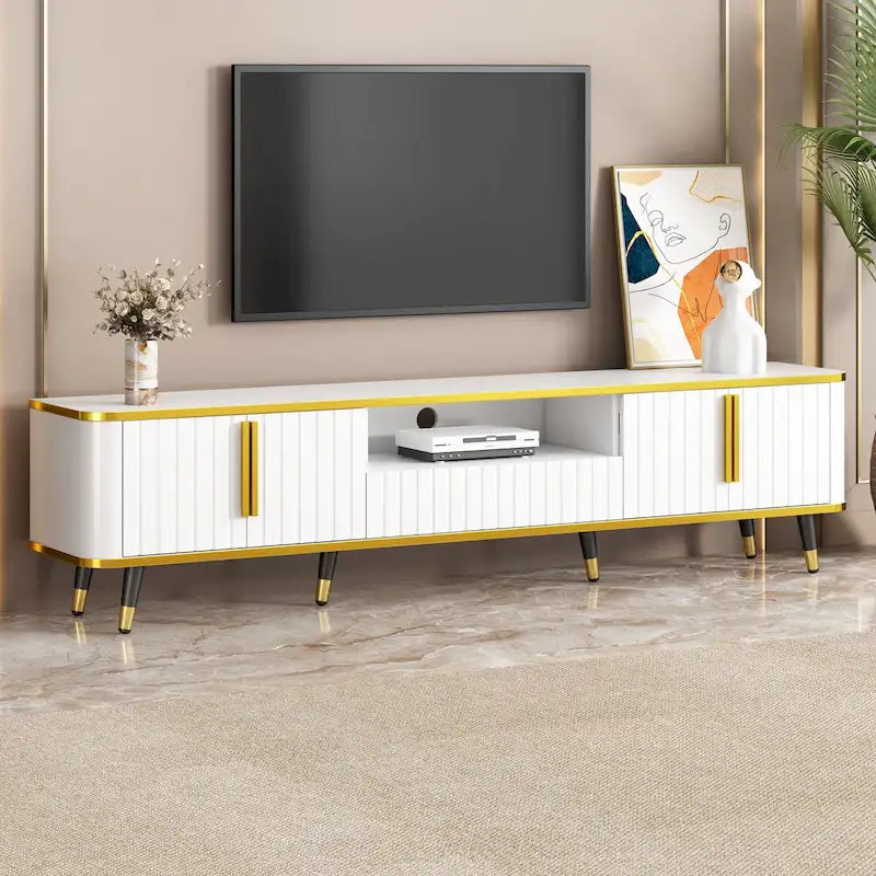 Meuble TV avec étagère de rangement ouverte pour téléviseurs jusqu'à 85 pouces, avec armoires et tiroirs, console média pratique avec pieds uniques