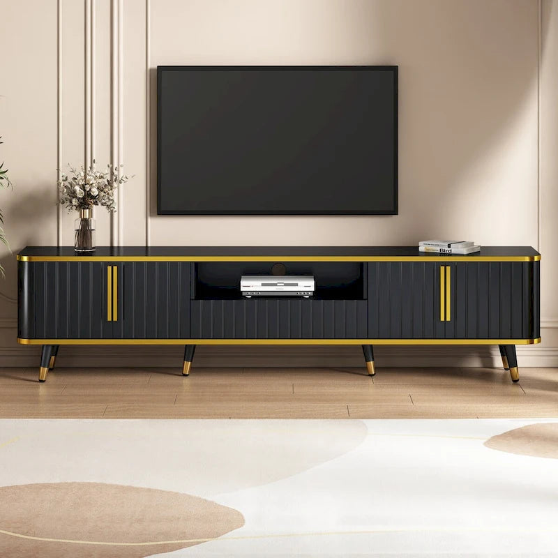 Meuble TV avec étagère de rangement ouverte pour téléviseurs jusqu'à 85 pouces, avec armoires et tiroirs, console média pratique avec pieds uniques