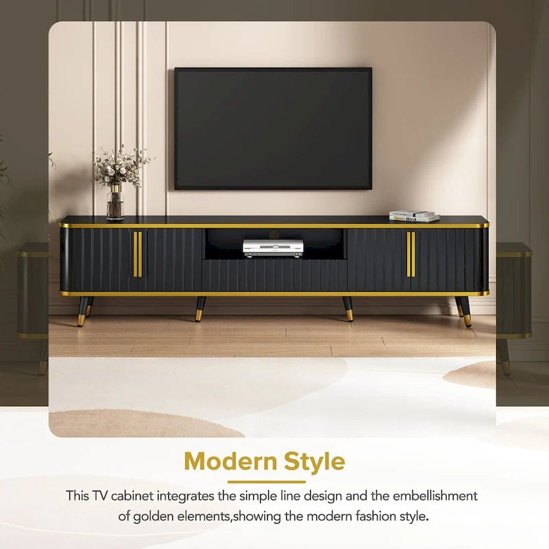 Meuble TV avec étagère de rangement ouverte pour téléviseurs jusqu'à 85 pouces, avec armoires et tiroirs, console média pratique avec pieds uniques