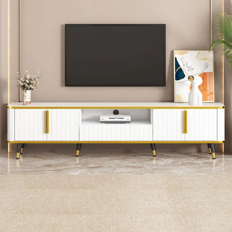 Meuble TV avec étagère de rangement ouverte pour téléviseurs jusqu'à 85 pouces, avec armoires et tiroirs, console média pratique avec pieds uniques