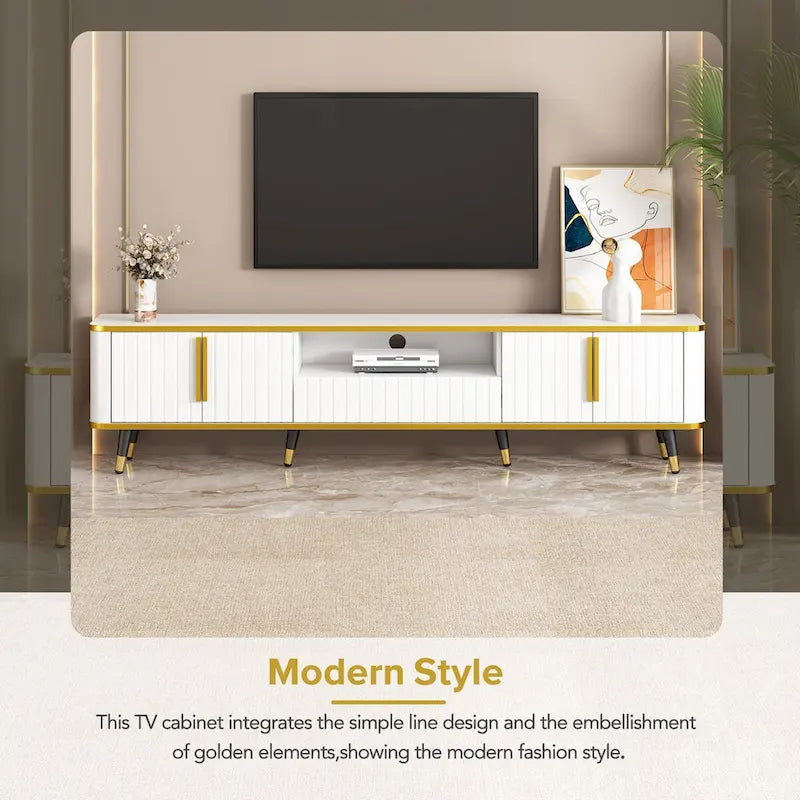 Meuble TV avec étagère de rangement ouverte pour téléviseurs jusqu'à 85 pouces, avec armoires et tiroirs, console média pratique avec pieds uniques