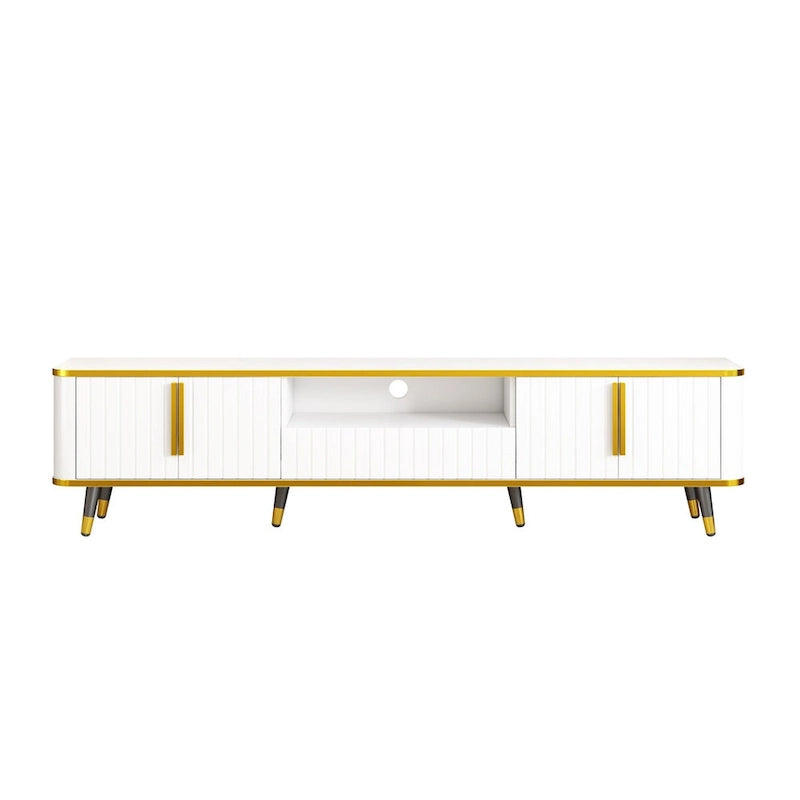 Meuble TV avec étagère de rangement ouverte pour téléviseurs jusqu'à 85 pouces, avec armoires et tiroirs, console média pratique avec pieds uniques