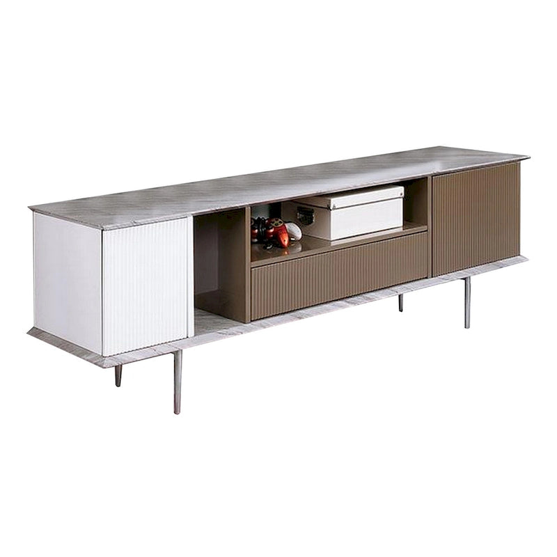 Meuble TV 70 pouces, 1 tiroir, étagères, blanc, marron, gris