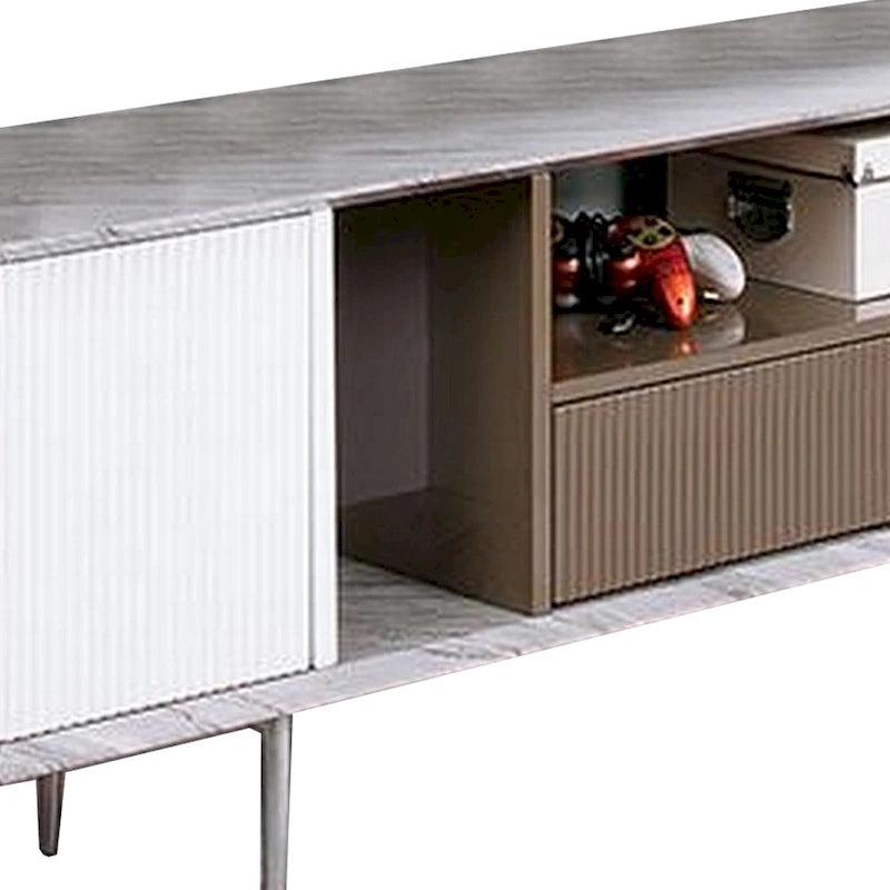 Meuble TV 70 pouces, 1 tiroir, étagères, blanc, marron, gris