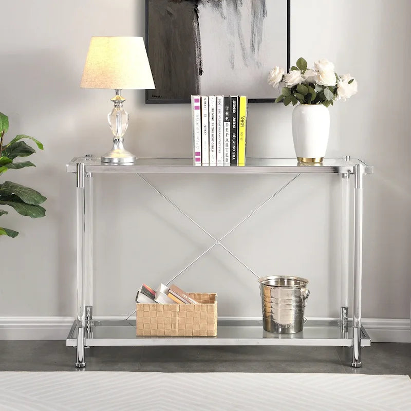 Table basse en verre chromé 43.31, table d'appoint en acrylique, console pour salon et chambre